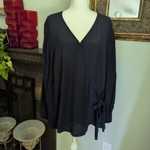 Talbots Women's 3X Petite Navy Blue Poet Sleeve Faux Wrap Top Long Sleeve 131